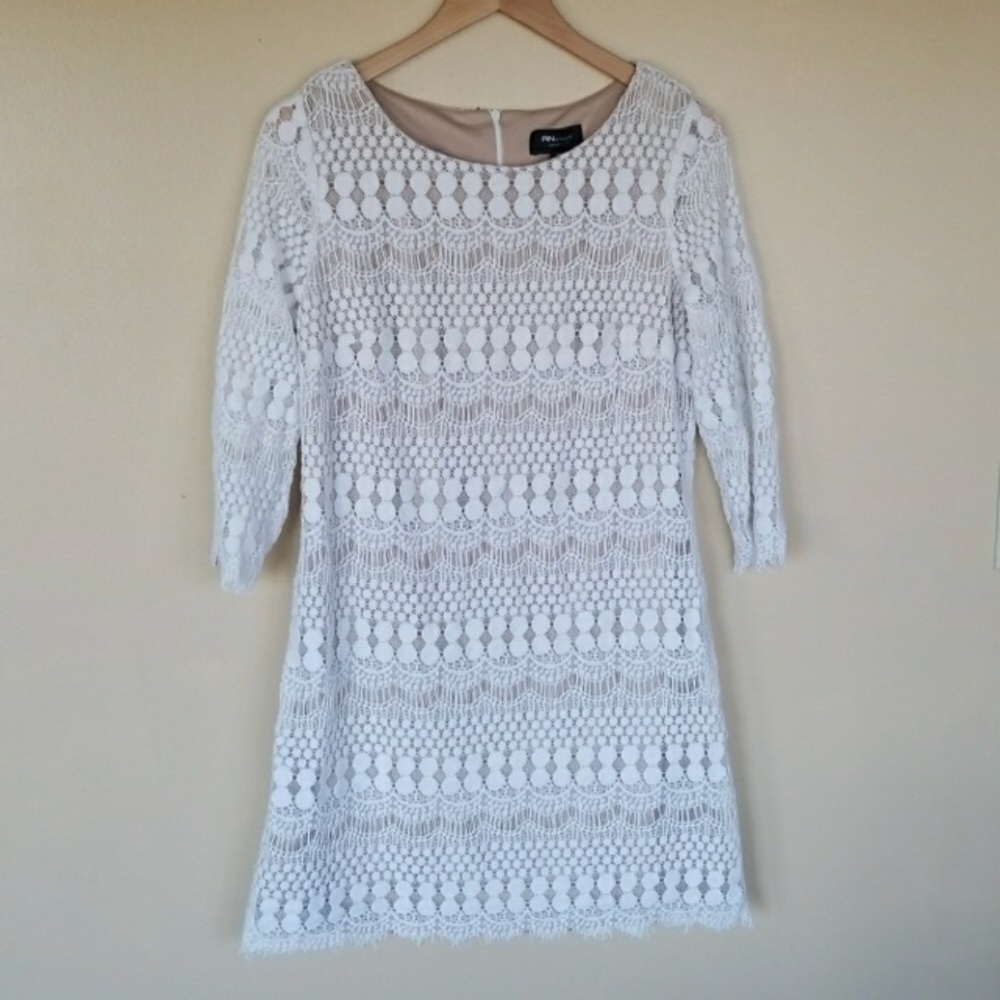 Lace 3/4 length sleeve dress in white and nude